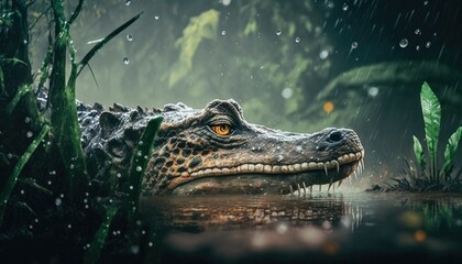 Close look of crocodile swimming in superimposed illustrations, ai art