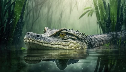 Fotobehang Close look of crocodile swimming in superimposed illustrations, ai art © Yexl