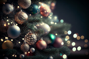 Obraz na płótnie Canvas Christmas Tree With Baubles And Blurred Shiny Lights. - shiny lights, festive, holiday season, decoration ornament banner