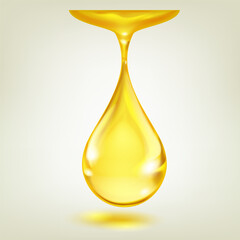 One big realistic water drop in yellow color with glares and shadow