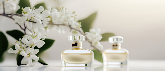 Fresh spring romantic image, stylish transparent glass perfume bottles. Stylish parfumerie banner. Generative AI. - obrazy, fototapety, plakaty