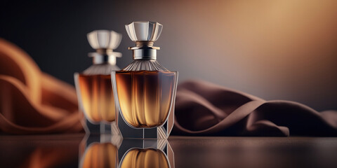 Warm and sensual fragrance perfume bottles. Art composition still life. Stylish parfumerie banner. Generative AI.