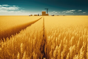 Fototapeta premium A beautiful yellow field against a blue sky. Agro industrial complex for the cultivation of cereals, wheat, legumes, barley, beans. Generative AI