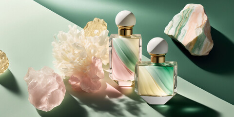 Fresh spring romantic image, stylish transparent glass perfume bottles. Stylish parfumerie banner. Generative AI.