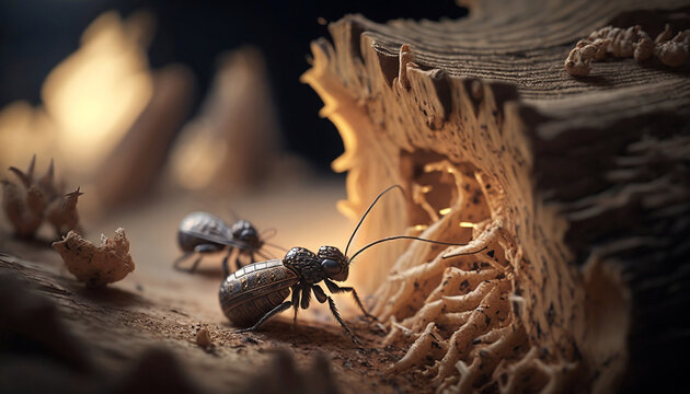 A close-up illuminated image of termites eating the wood in a terrarium