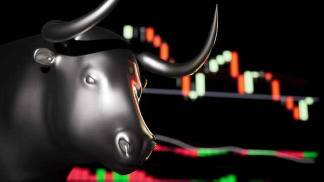 A stock market bull with trading graph background black