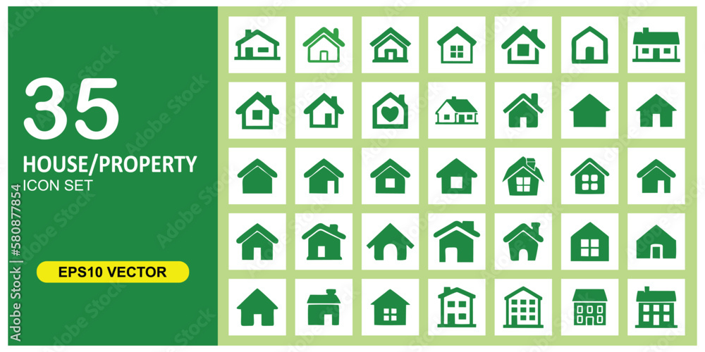Poster collection of 35 home or property icons. collection set of house symbol in green. suitable for home 