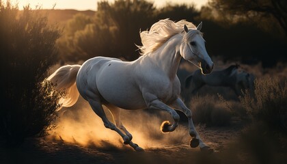 White Horse running at golden hour. Generative AI.