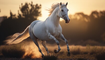 Fototapeta na wymiar White Horse running at golden hour. Generative AI.