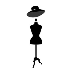 Manekin krawiecki oraz elegancki kapelusz z dużym rondem - czarne kontury na białym tle. Szycie, krawiectwo, projektowanie mody. Kobieca sylwetka, tors. Wektorowa ilustracja. - obrazy, fototapety, plakaty