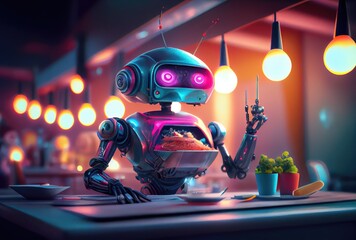 Cute robot eating food in the restaurant background. Technology and food concept. Generative AI