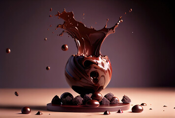 Dark chocolate ball falling on the chocolate dip and splashing on dark background. Food and dessert concept. Generative AI