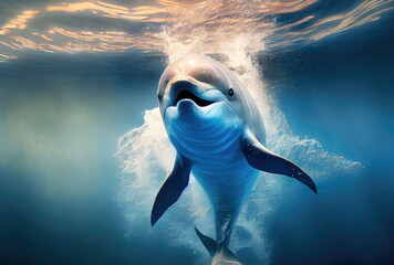 Happy dolphin swimming in the aquarium or sea background. Marine life and animal concept. Digital art illustration. Generative AI