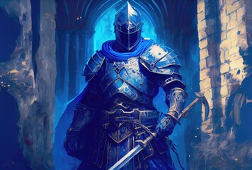 A knight in armor standing guard of the palace background. Medieval and Crusades war concept. Generative AI - obrazy, fototapety, plakaty