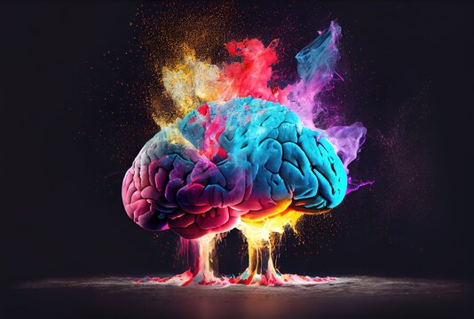 Creativity colorful brain exploding with powerful multicolor by powder coating color. Digital art illustration. Deep learning and mind blown concept. Generative AI
