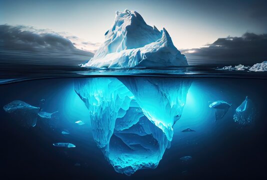 Big iceberg over the blue sea surface background. Landscape and business metaphor concept. Digital art illustration theme. Generative AI