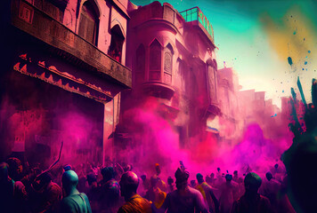 Holi festival the festival of colors with crowd people and colorful powder in the Indian town. Generative AI