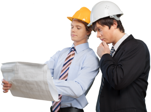 Young architect and supervisor reviewing blueprints