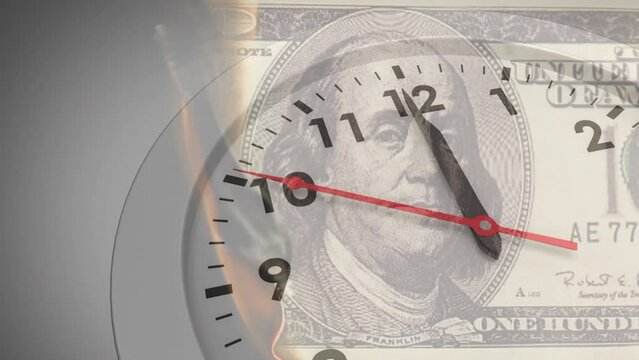 Animation of clock ticking over american dollar bill burning