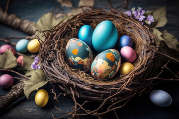Fototapeta na wymiar colorful easter nest with easter eggs, generative ai