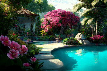 Fototapeta na wymiar A luxury tropical resort pool in spring time. Concept illustration