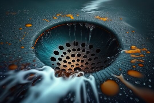 The drain is seen in close-up as water pours down from a high angle. Generative AI