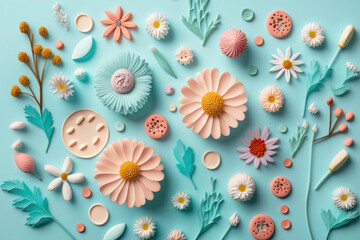 Fototapeta na wymiar A cheerful and inviting pattern made of colorful flowers on a pastel blue background, perfect for creating a lively and upbeat ambiance. Whether you use it as a flat lay Generative AI