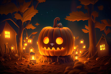 Cute Jack O Lantern pumpkins in the Halloween party at spooky black forest background. Horror and mystery concept. Generative AI