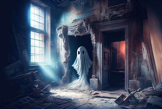 Spooky fabric ghost in the abandoned haunted house background. Halloween and horror concept. Generative AI
