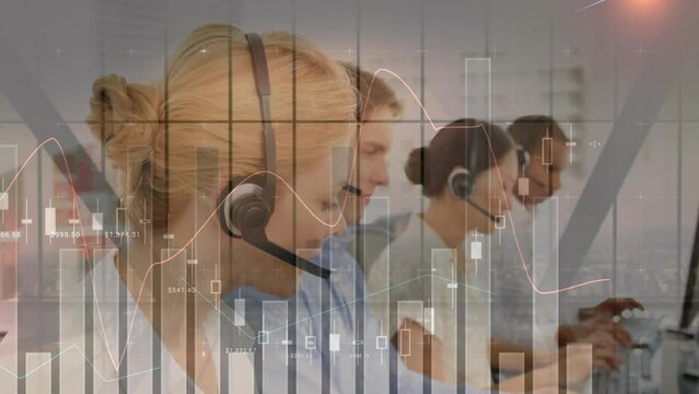 Animation of financial data processing over diverse business people working in office