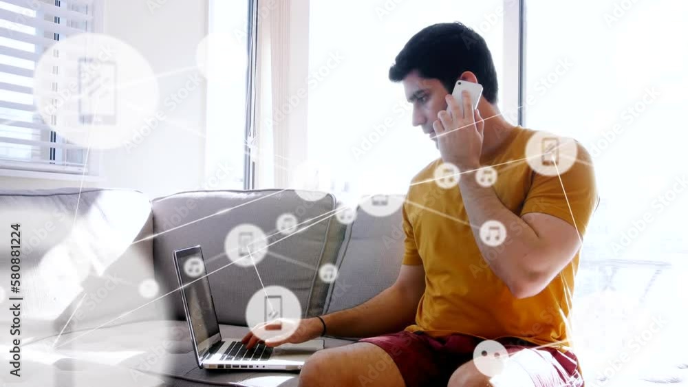 Poster animation of network of connections with icons over caucasian man using laptop
