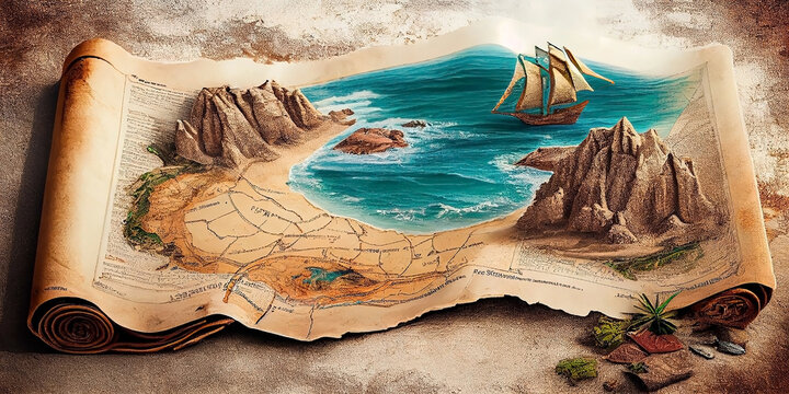 Drawn vintage pirate sea map on old canvas. Image of a sandy beach, the sea and an old sailboat on the waves. Generative AI