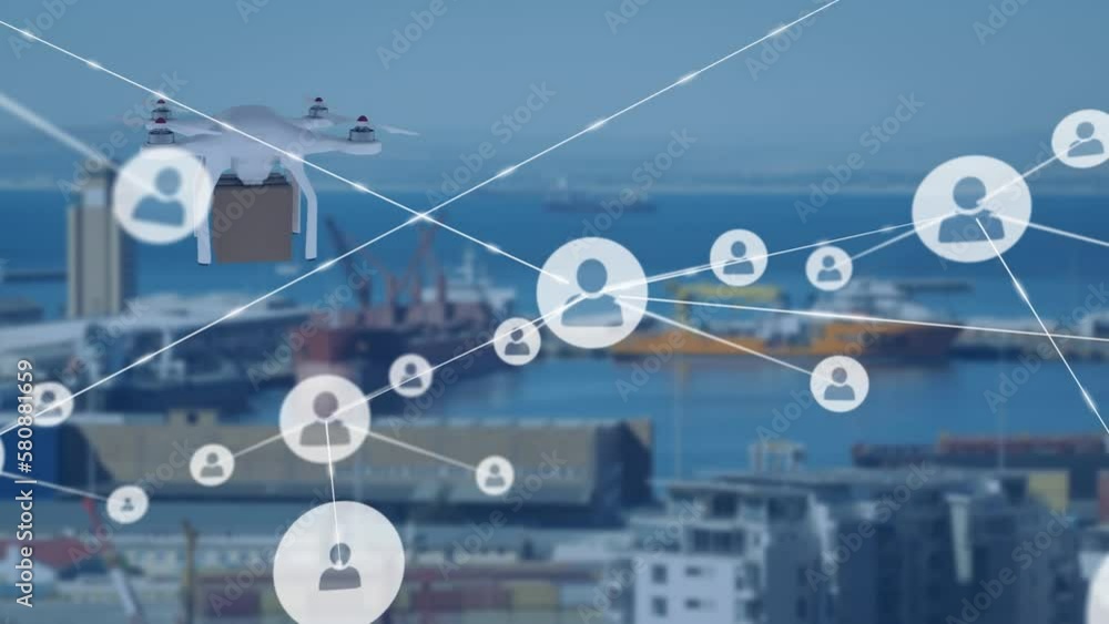 Aufkleber animation of network of connections with icons over drone and port