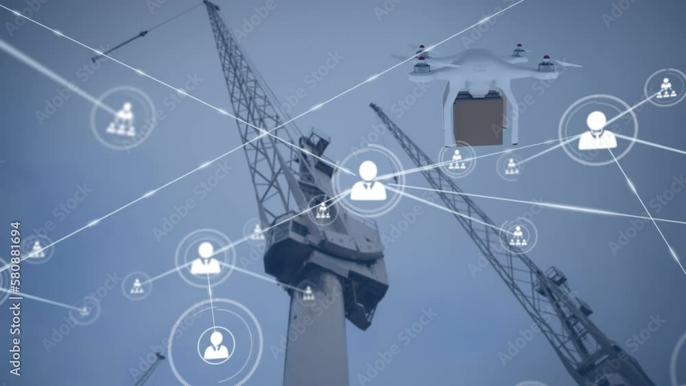 Poster animation of network of connections with icons over drone and cranes