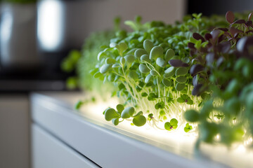 Microgreens growing with the artificial light. Generative AI - obrazy, fototapety, plakaty