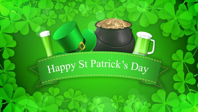 St Patricks Day Animation Text in ribbon on clover flower background. Perfect for St. Patricks Day celebrations or greeting cards.