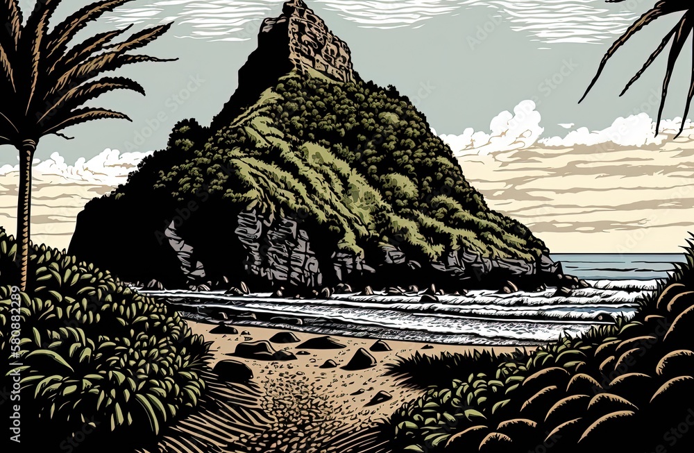 Poster the peak of hikurangi takatu in piha generative ai