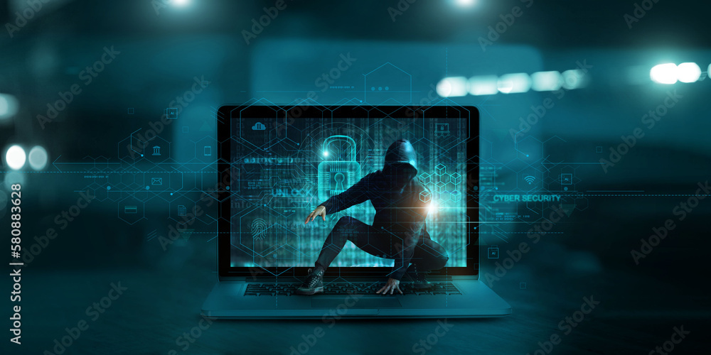 Poster Cyber security and data protection, Hacker accesses security system and stealing data on internet technology networking. Security and protect business transaction from online digital cyber attack.