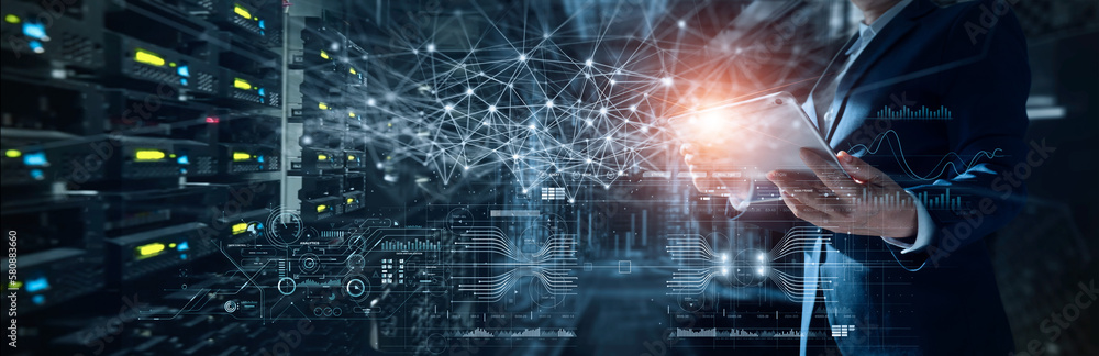 Poster Engineer manager connecting data center on global networking in server room of storage systems and connect of data on internet network business.