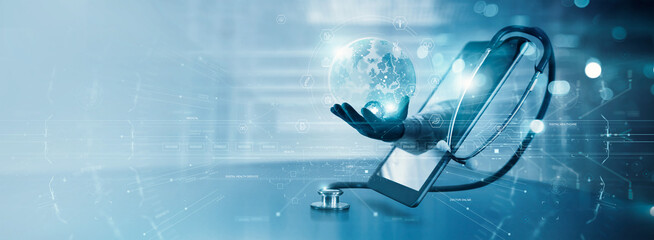 Doctor online, Professional doctor giving consultation online on global network, Connect communication with patient, Virtual medical consultation on interface, Healthcare and medical technology.