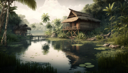 Obraz premium Wooden house near lake