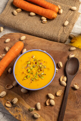 Irresistibly Delicious Carrot-Pistachio Cream. Vegan and Healthy Food. Healthy and Active Lifestyle Concept.