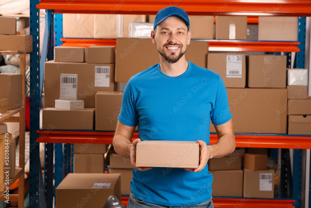 Poster Post office worker with parcel near rack indoors, space for text