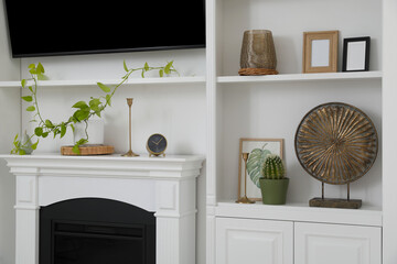 Stylish shelves with different decor elements, fireplace and TV set in room. Interior design
