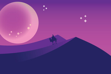illustration of a landscape in the desert at night, with such a beautiful moon, and a running camel