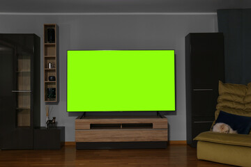 Modern plasma TV on wooden table and other furniture in living room
