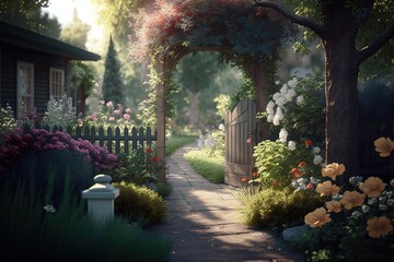 Beautiful old fashioned picturesque house entrance full of flowers. Landscaping spring time. Generative AI illustration