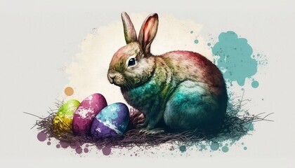 
Watercolor Easter rabbit with decorated eggs among nature, plants and flowers.
Easter bunny illustration. Cute easter bunnies. Easter and Holy Week. Generated by AI.