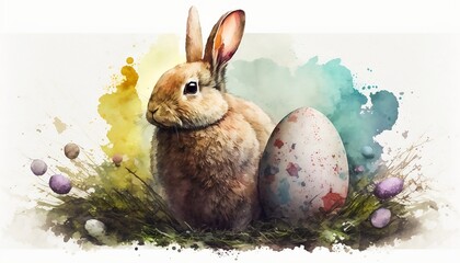
Watercolor Easter rabbit with decorated eggs among nature, plants and flowers.
Easter bunny illustration. Cute easter bunnies. Easter and Holy Week. Generated by AI.