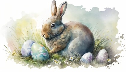 
Watercolor Easter rabbit with decorated eggs among nature, plants and flowers.
Easter bunny illustration. Cute easter bunnies. Easter and Holy Week. Generated by AI.